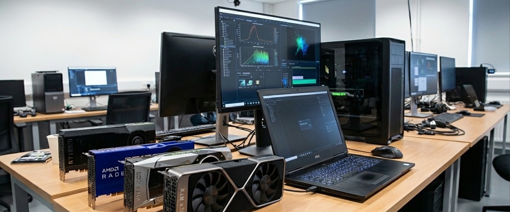 Professional tech hardware development workspace with monitors and GPUs